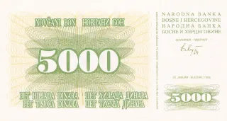 Bosnia and Herzegovina 5.000 Dinara, 1993 obverse